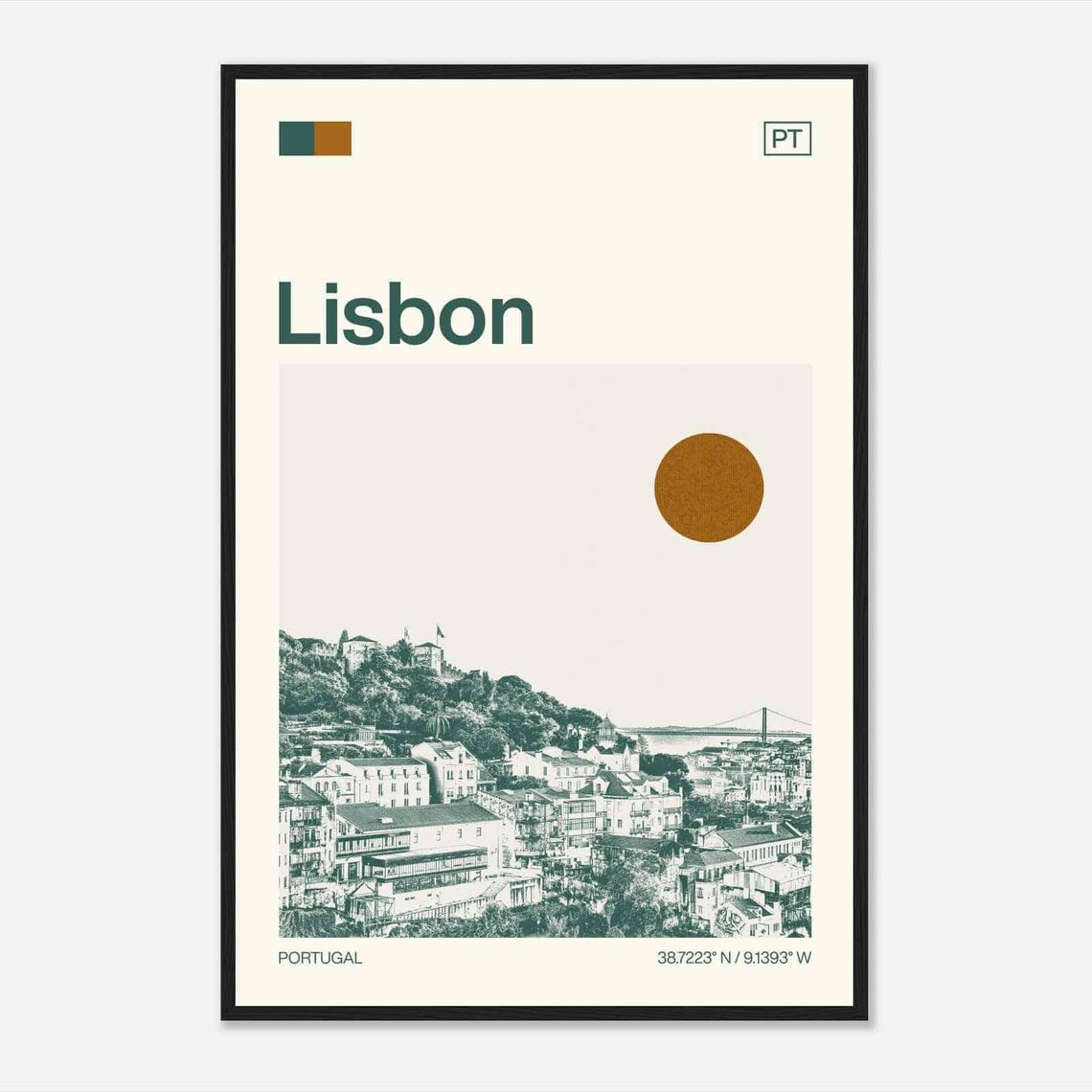 Lisbon Portugal Castle Hill Bridge River View Duotone Travel Poster