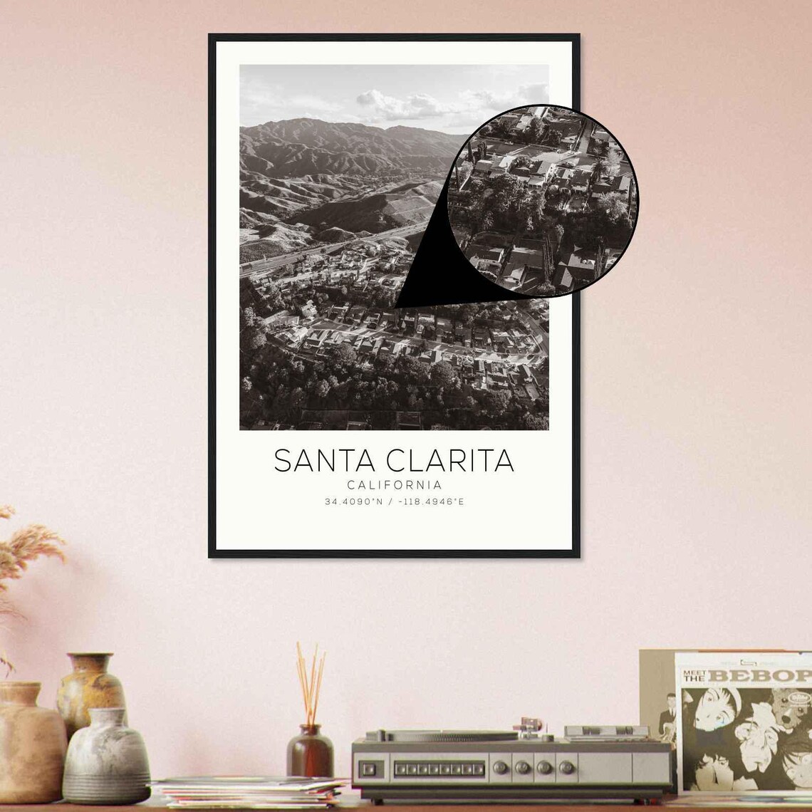 Santa Clarita California Aerial Mountain Town Black and White Photo Poster - Image 4