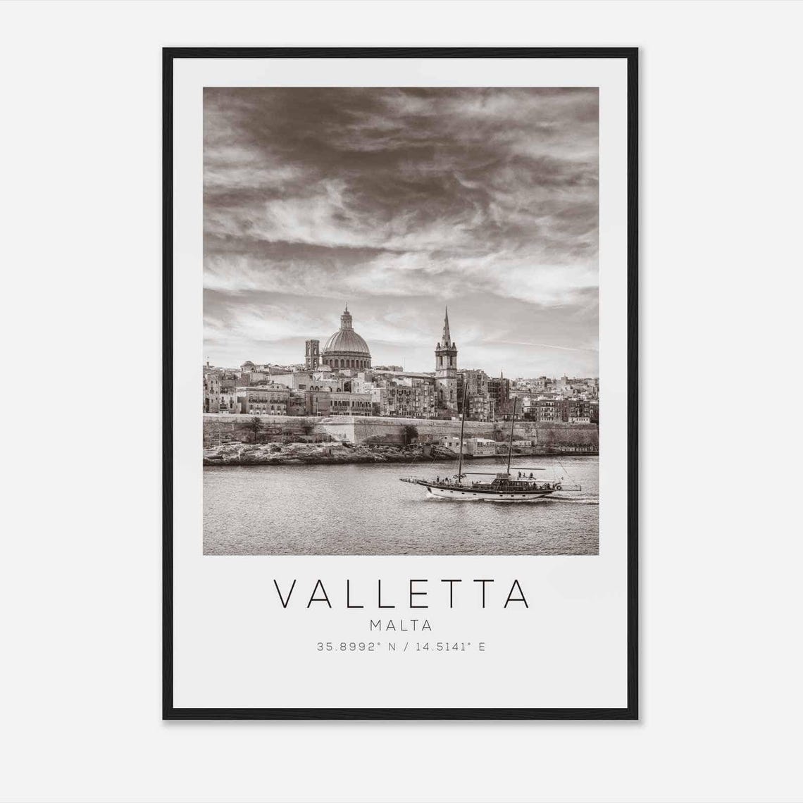 Valletta Malta Harbor Dome Basilica Sailboat Black White Poster