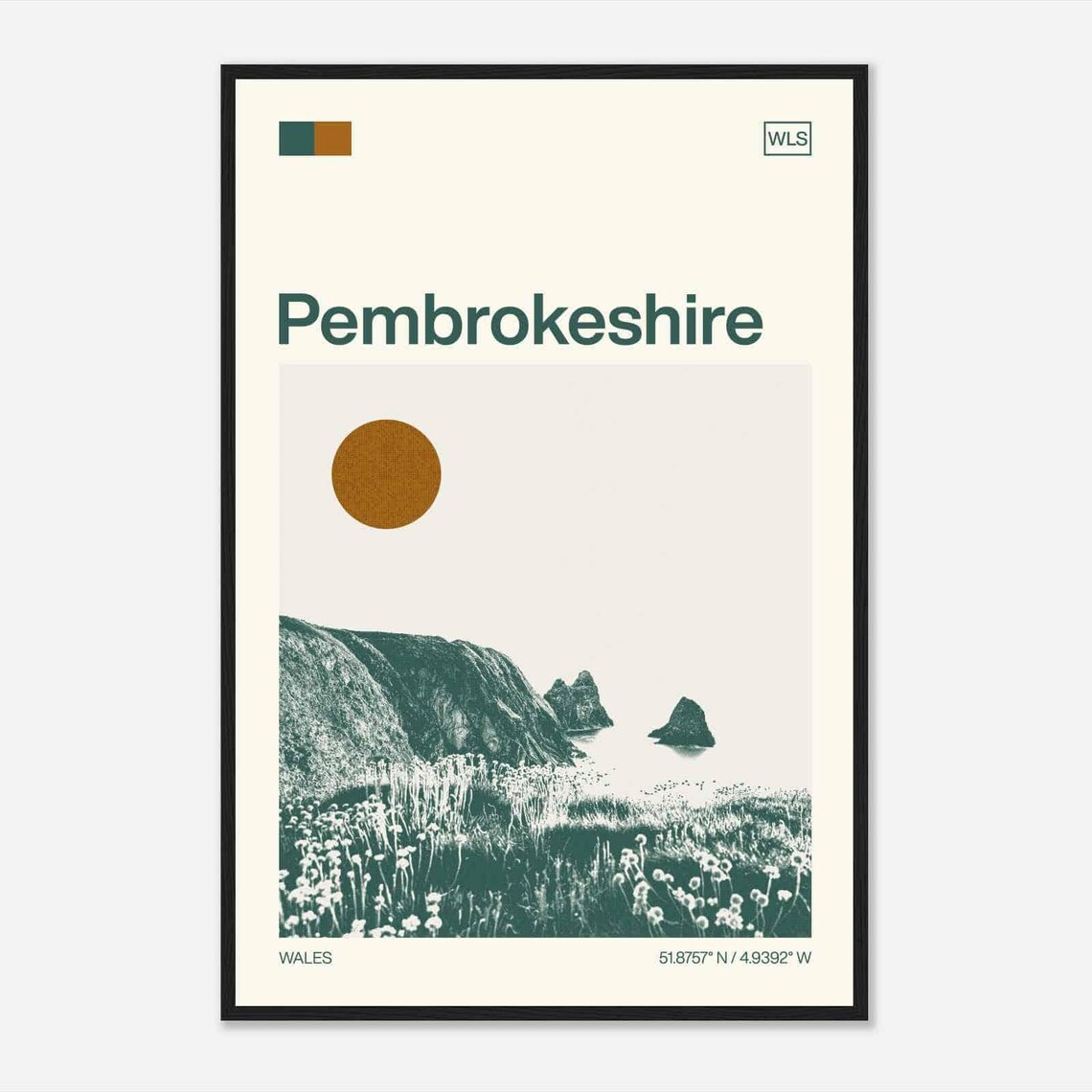 Pembrokeshire Wales Sea Cliffs Wildflowers Minimalist Travel Poster