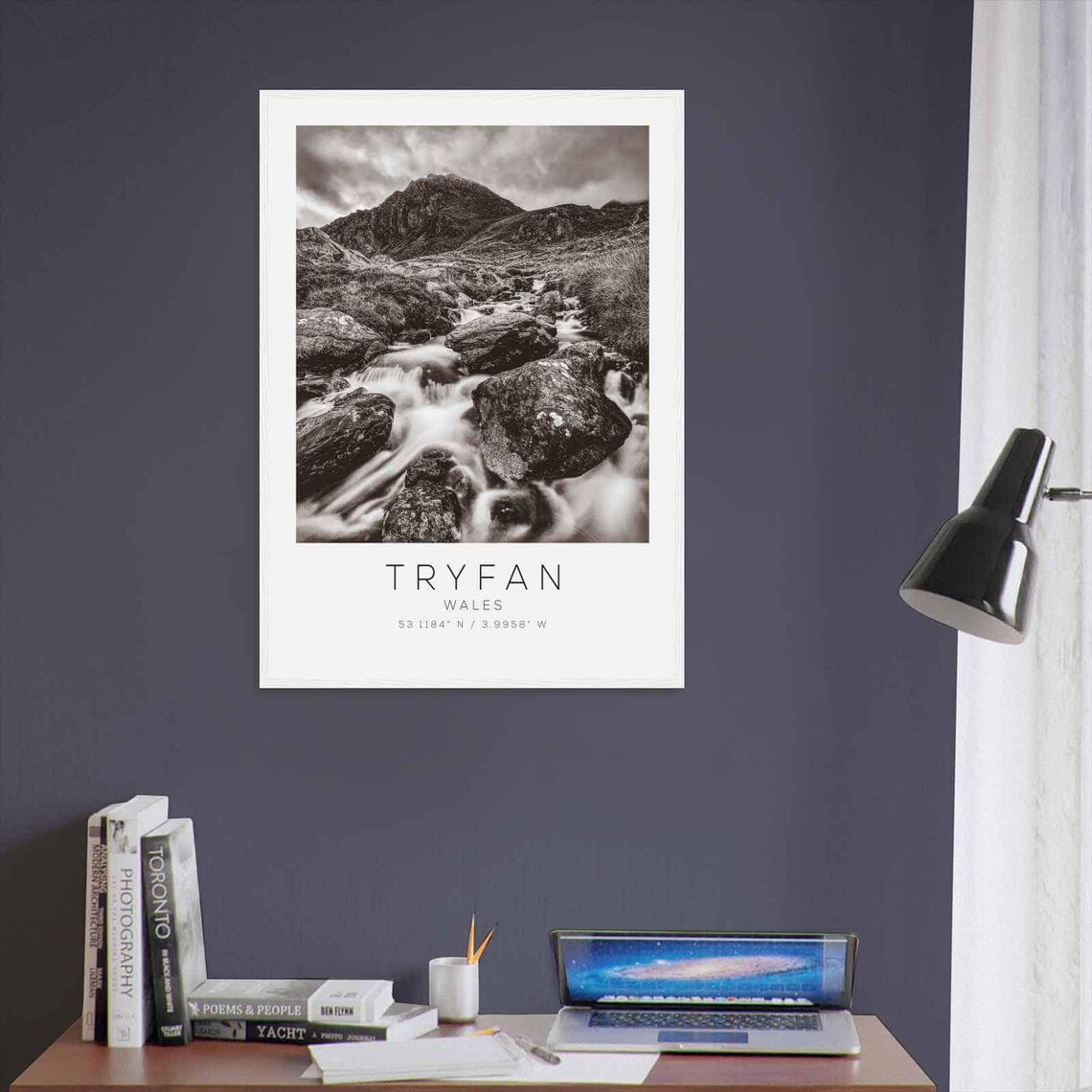 Tryfan Wales Rocky Stream Mountain Peak Black and White Poster - Image 3