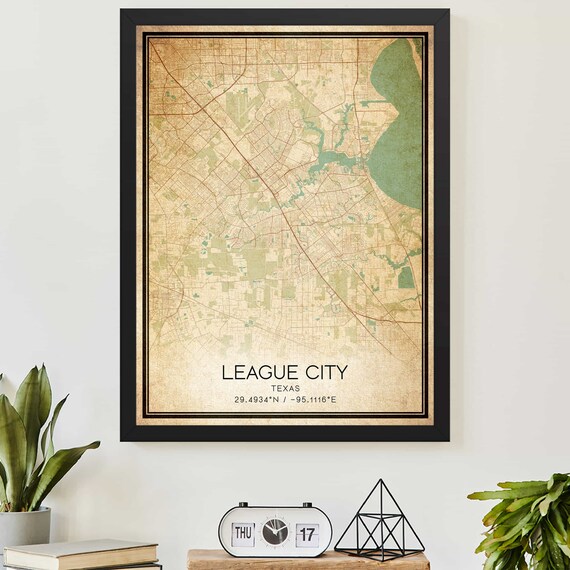 League City Texas Vintage Style Street Map With Coordinates Poster
