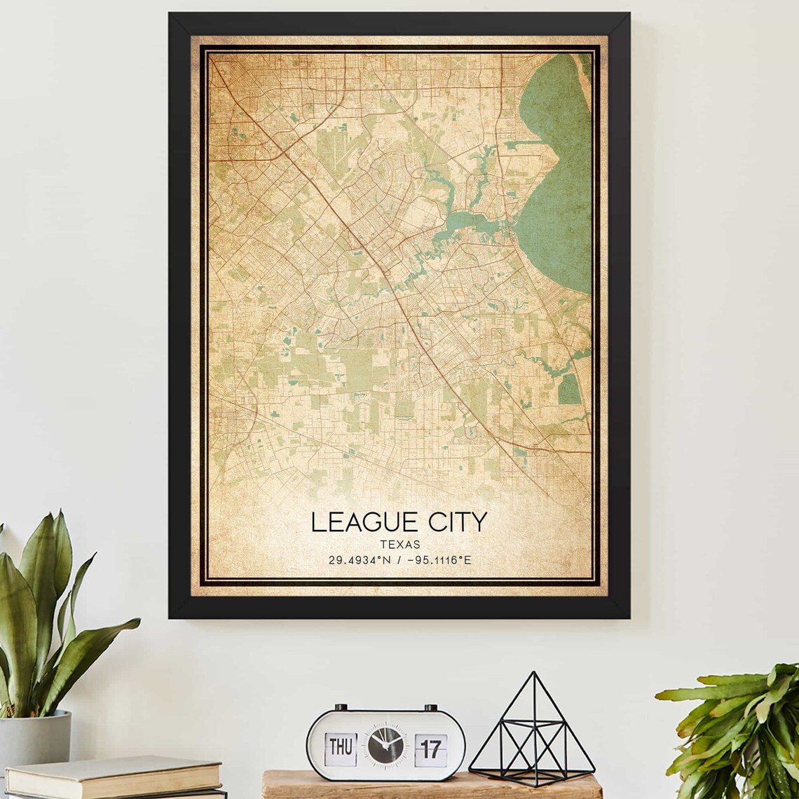 League City Texas Vintage Style Street Map With Coordinates Poster