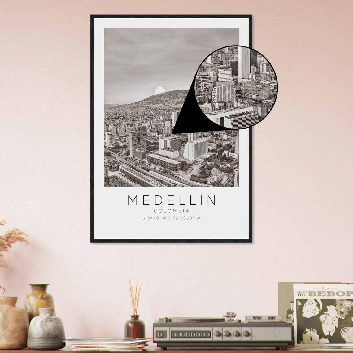 Medellin Colombia Mountain Backdrop Skyline Black and White Photo Poster - Image 4