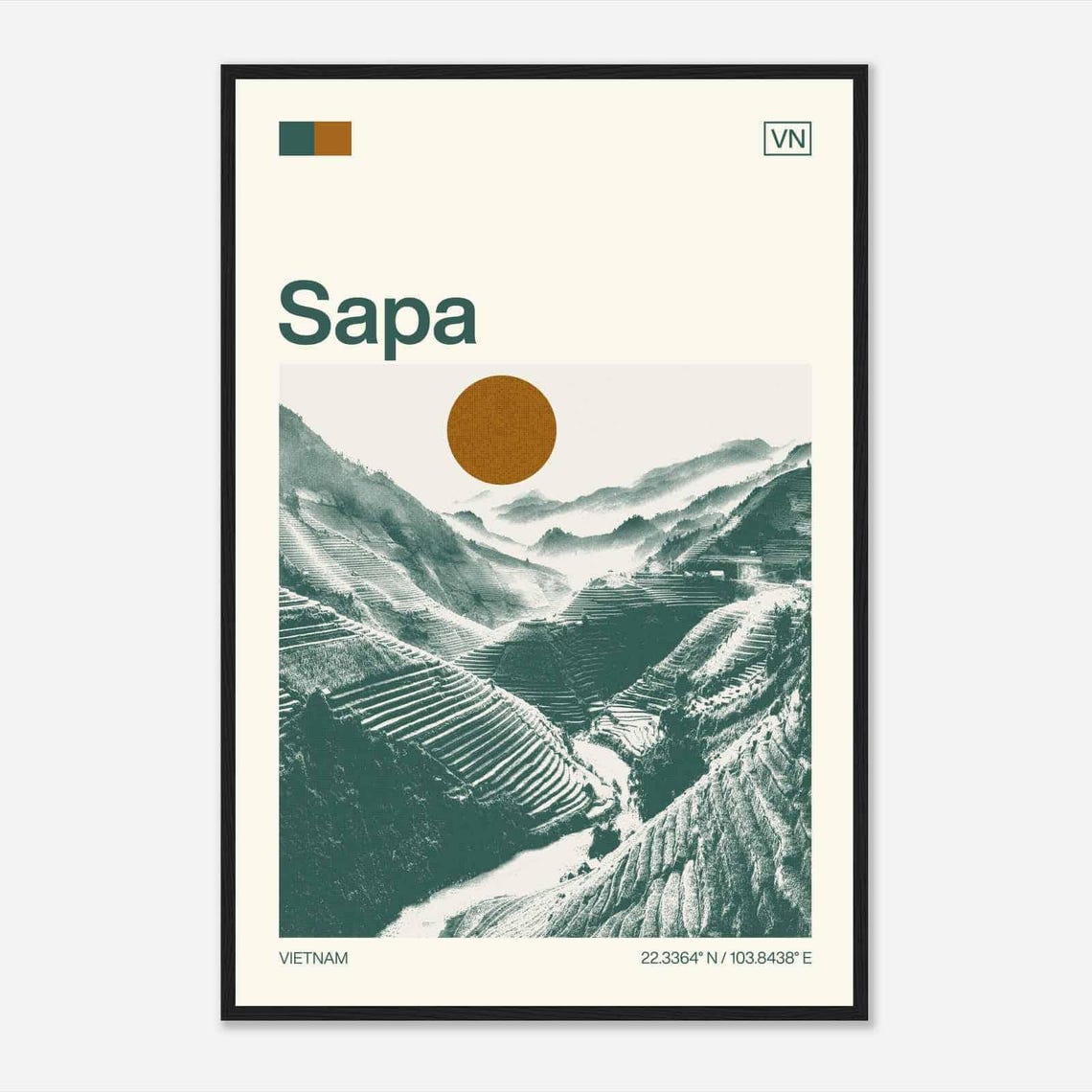 Sapa Vietnam Rice Terraces Mountain Valley Sun Duotone Travel Poster