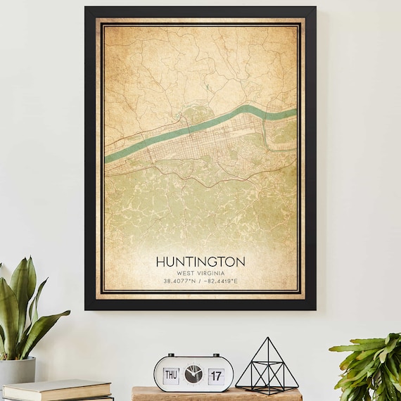 Vintage Huntington West Virginia River City Map Coordinates Poster