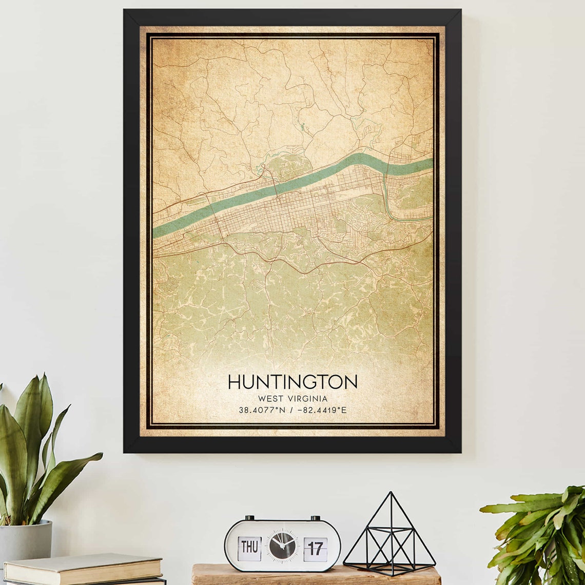 Vintage Huntington West Virginia River City Map Coordinates Poster