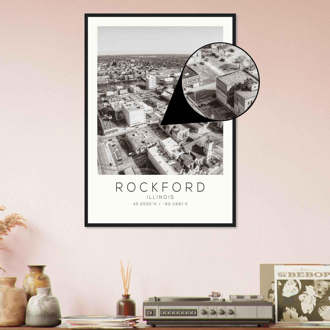 Rockford Illinois Downtown Aerial River View Monochrome Poster - Image 4