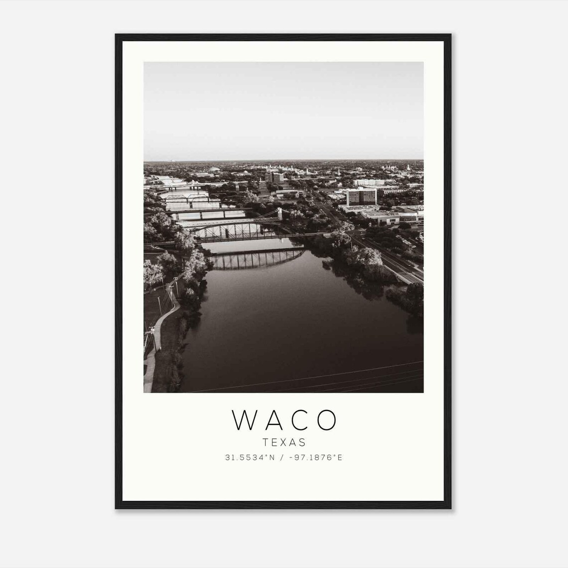 Waco Texas Brazos River Bridges Aerial Skyline Photo Travel Poster