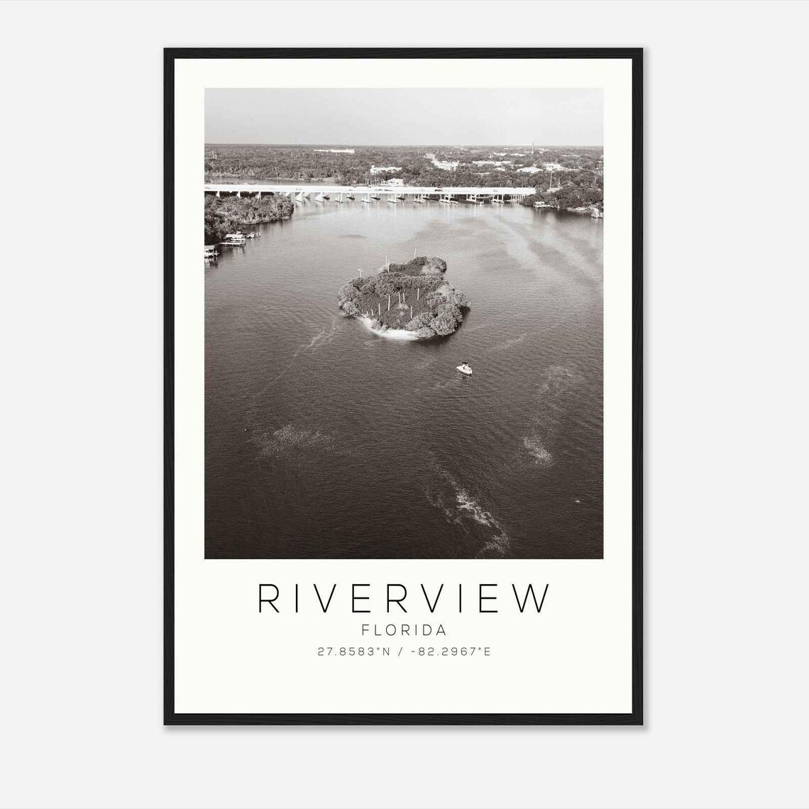 Riverview Florida River Island Aerial Black and White Photo Poster