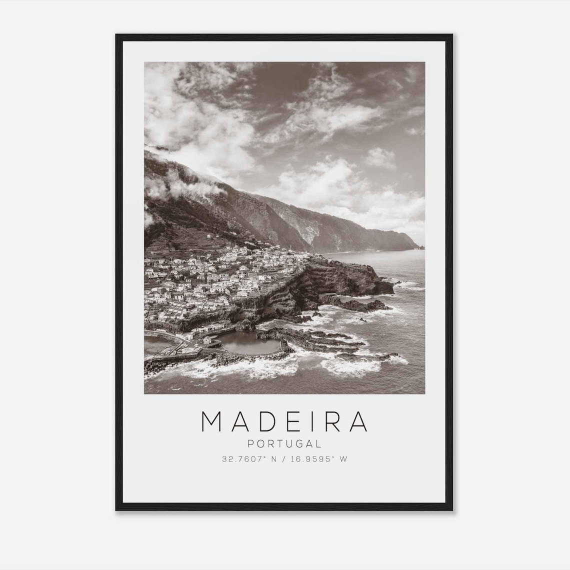Madeira Portugal Coastal Cliffs Village Black and White Photo Poster