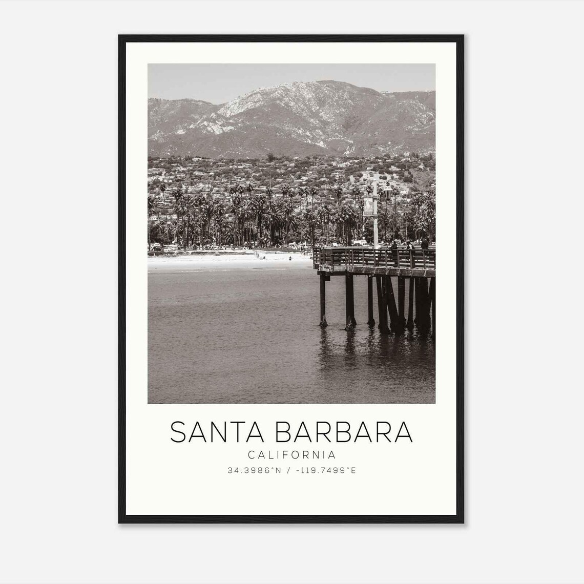 Santa Barbara California Pier Palm Trees Beach Monochrome Photo Poster
