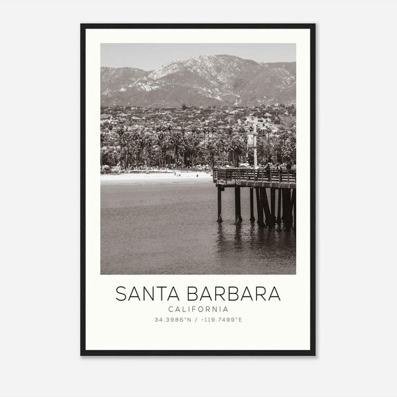 Santa Barbara California Pier Palm Trees Beach Monochrome Photo Poster