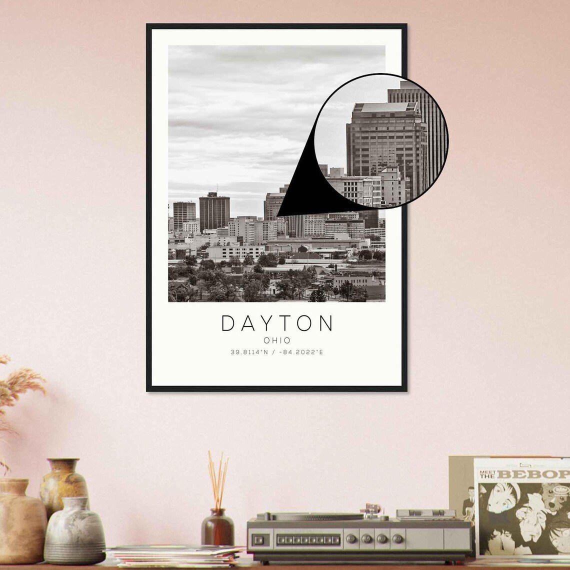 Dayton Ohio Downtown Skyline Cloudy Sky Black White Photo Poster - Image 4