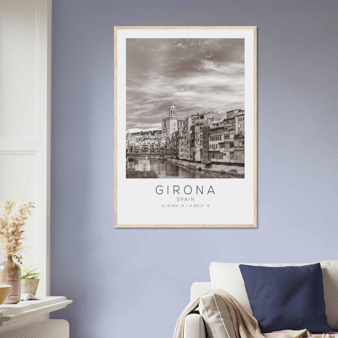 Girona Spain Black and White Riverside Cityscape Travel Poster - Image 2