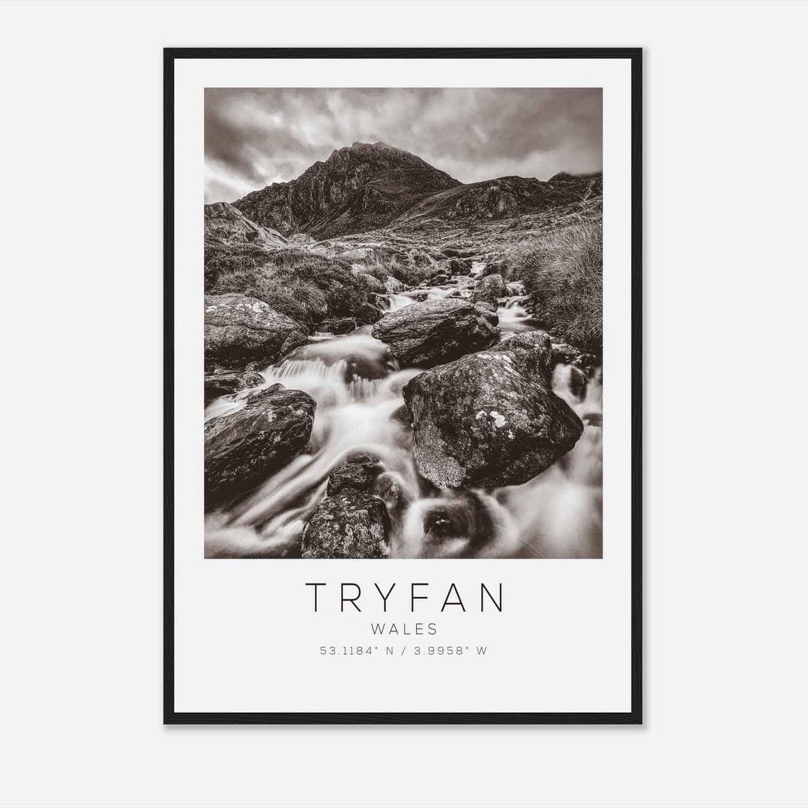 Tryfan Wales Rocky Stream Mountain Peak Black and White Poster