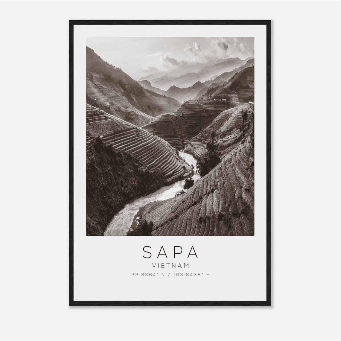 Sapa Vietnam Terraced Rice Fields Valley Black and White Travel Poster