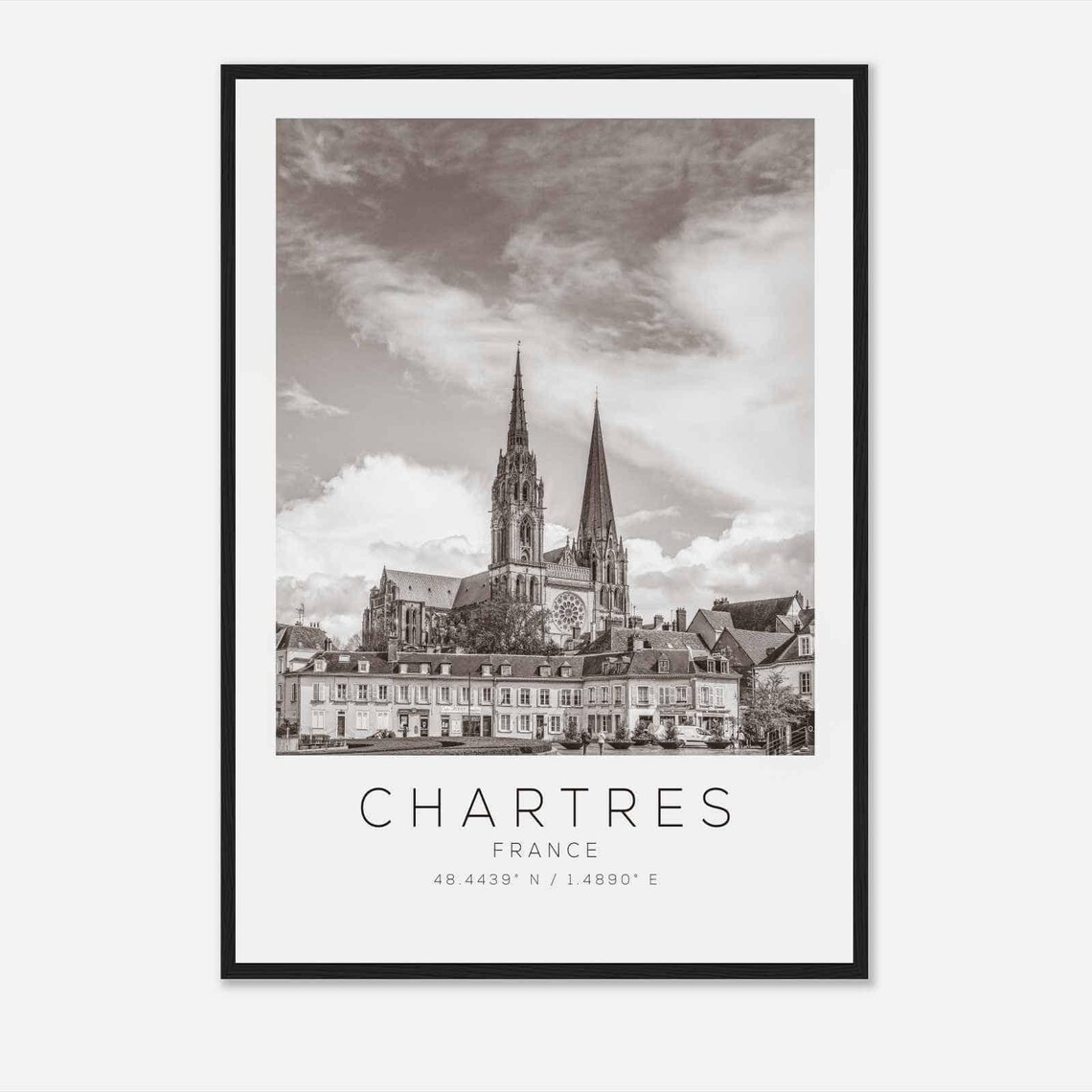 Chartres France Cathedral Twin Spires Black and White Travel Poster