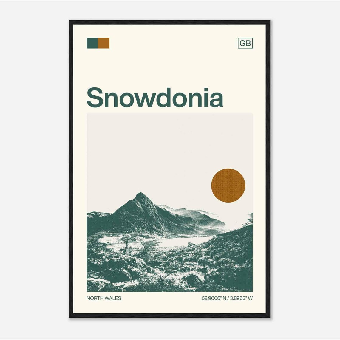 Snowdonia North Wales Mountain Peak Lake Sun Duotone Travel Poster
