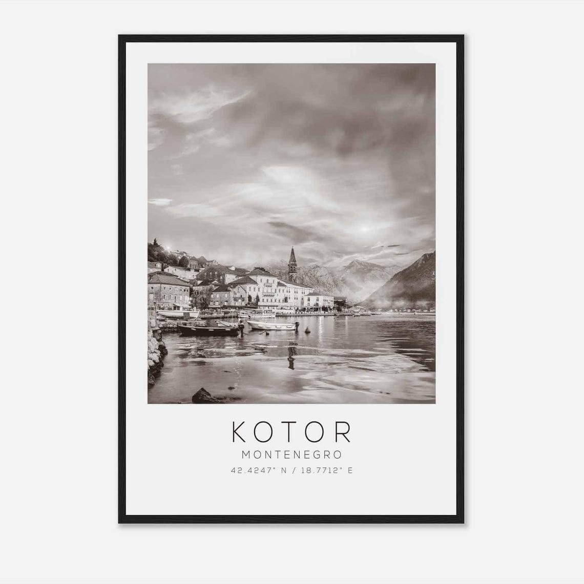 Kotor Montenegro Black White Old Town Harbor Coast View Poster