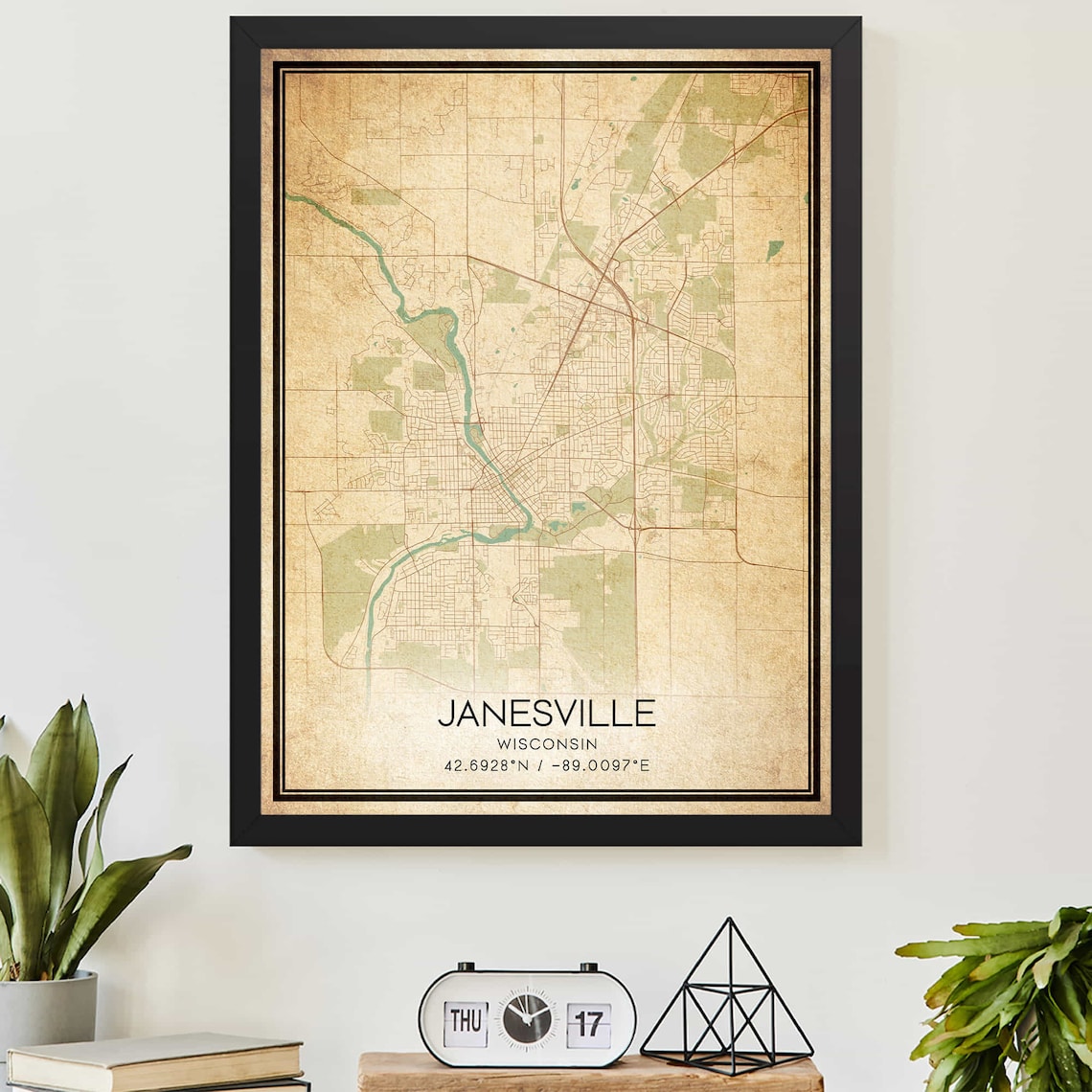 Vintage Janesville Wisconsin Street Map with Coordinates Poster