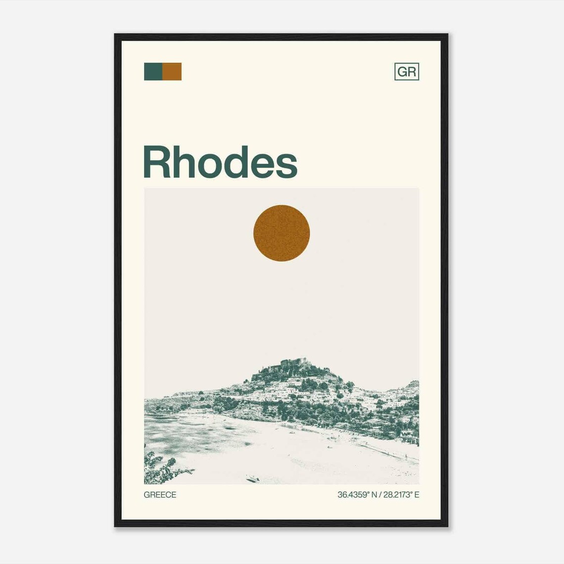 Rhodes Greece Lindos Acropolis Bay Beach Sun Duotone Travel Poster