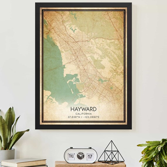 Hayward California Vintage Style City Map Coordinates Wall Art