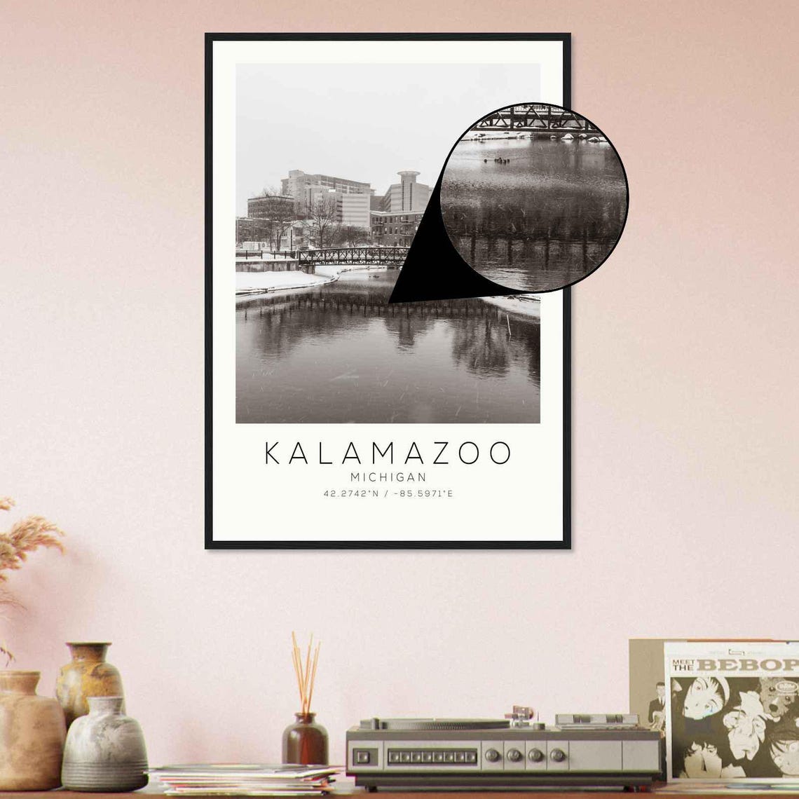 Kalamazoo Michigan Snowy River Bridge Black White Photo Poster - Image 4