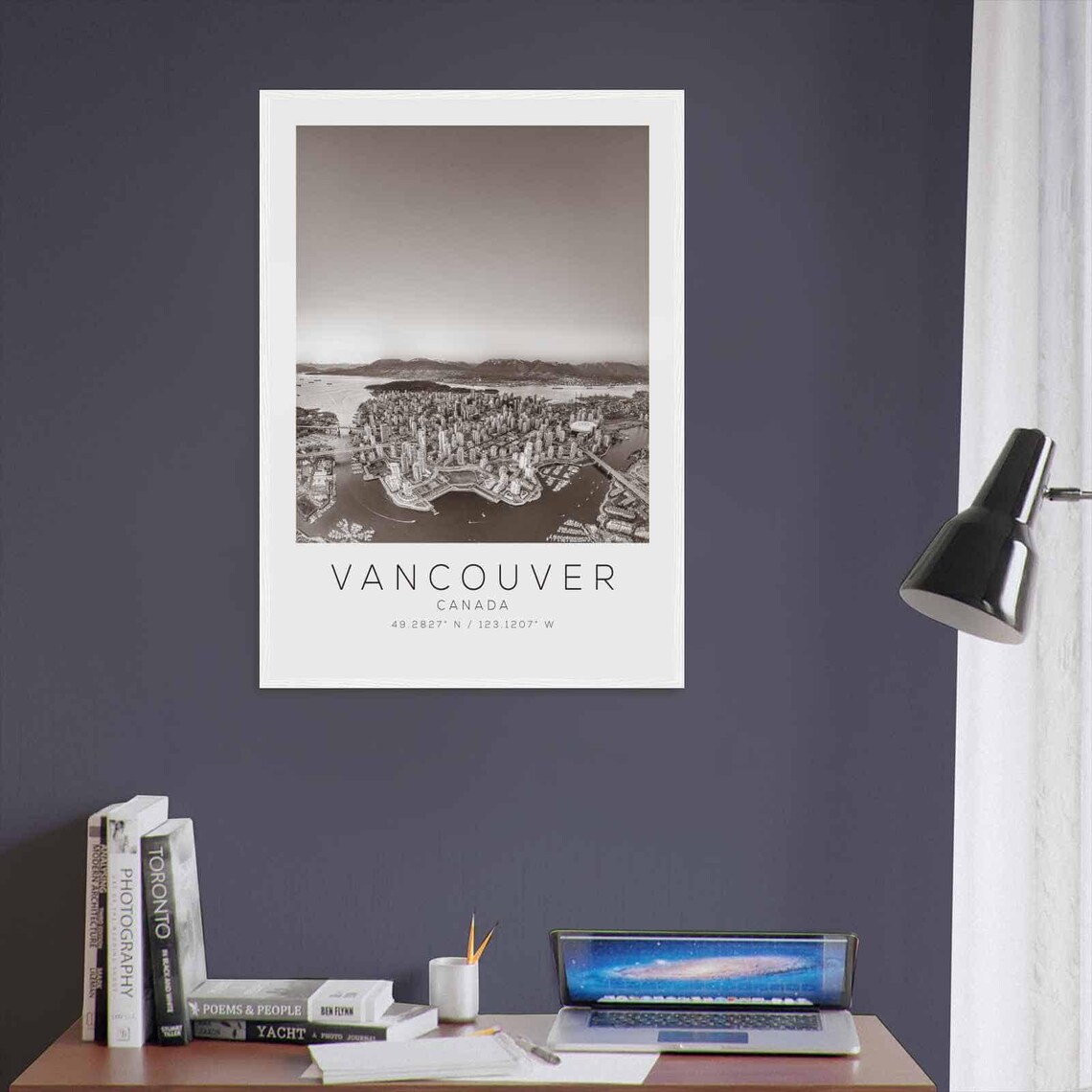 Vancouver Canada City Aerial Mountains Harbor Black White Poster - Image 3