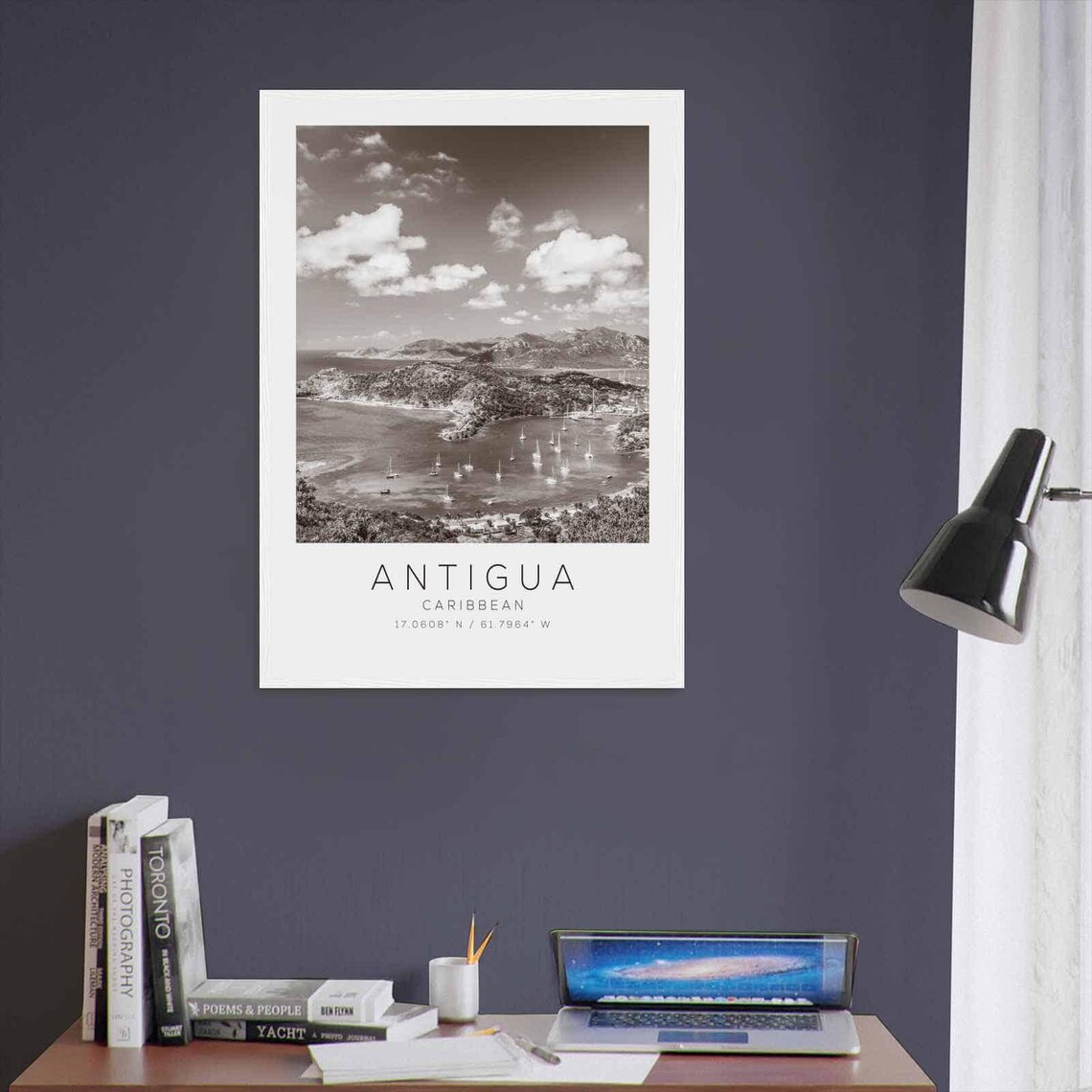 Antigua Caribbean Black White Sailboat Harbor Islands Travel Poster - Image 3