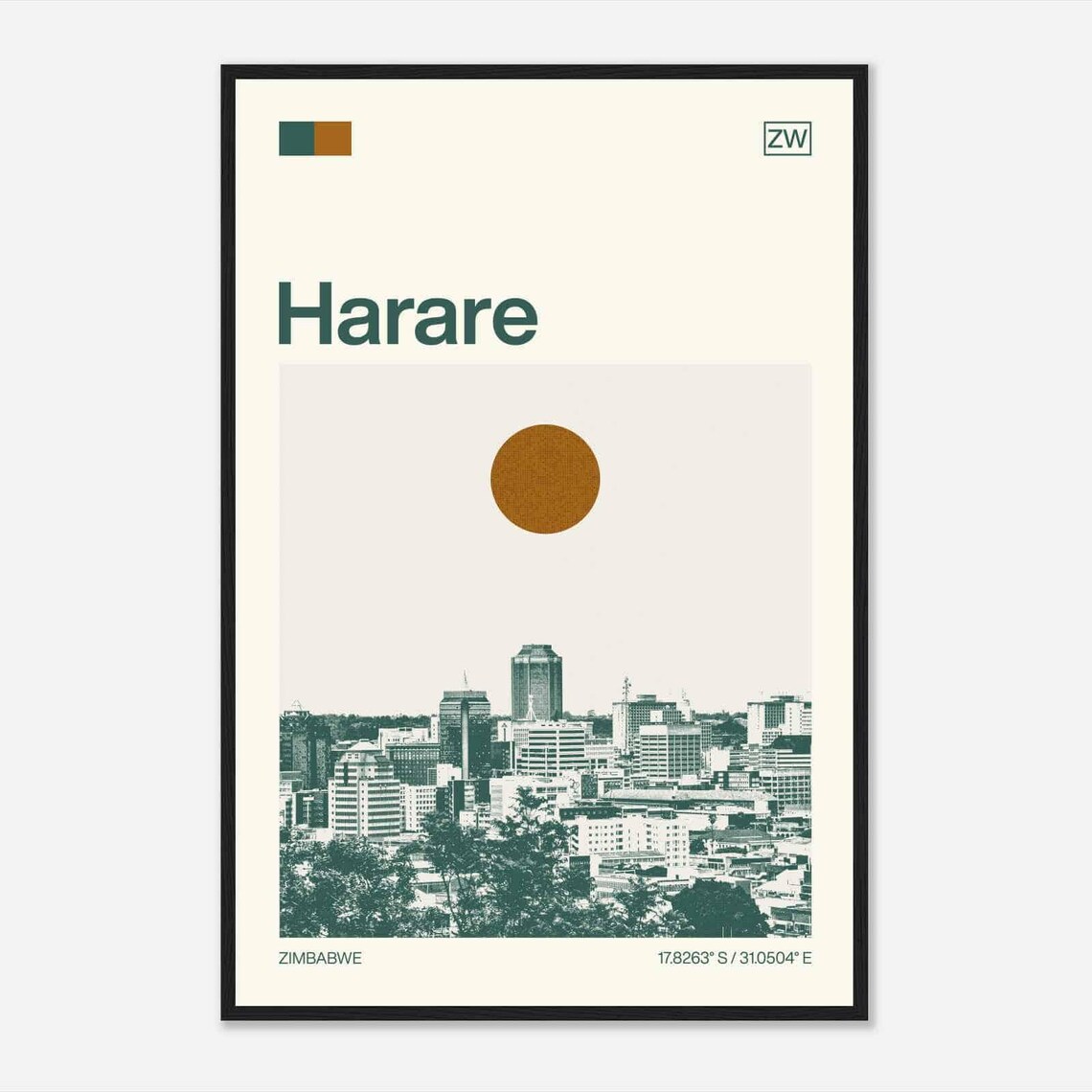 Harare Zimbabwe City Skyline Sun Minimalist Travel Art Poster