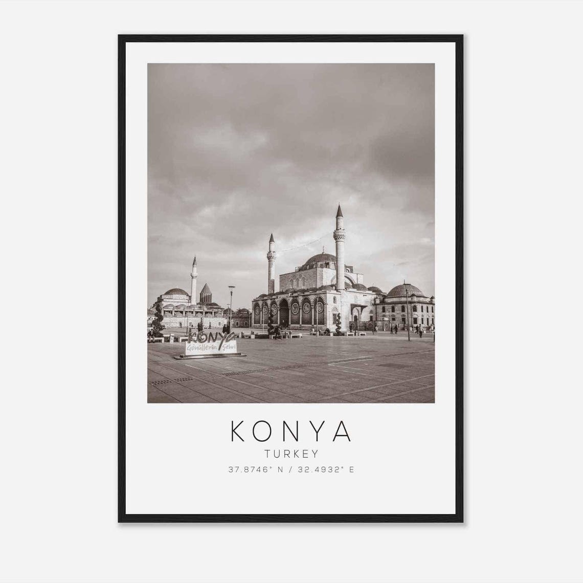 Konya Turkey Black White Ottoman Mosque City Square View Poster