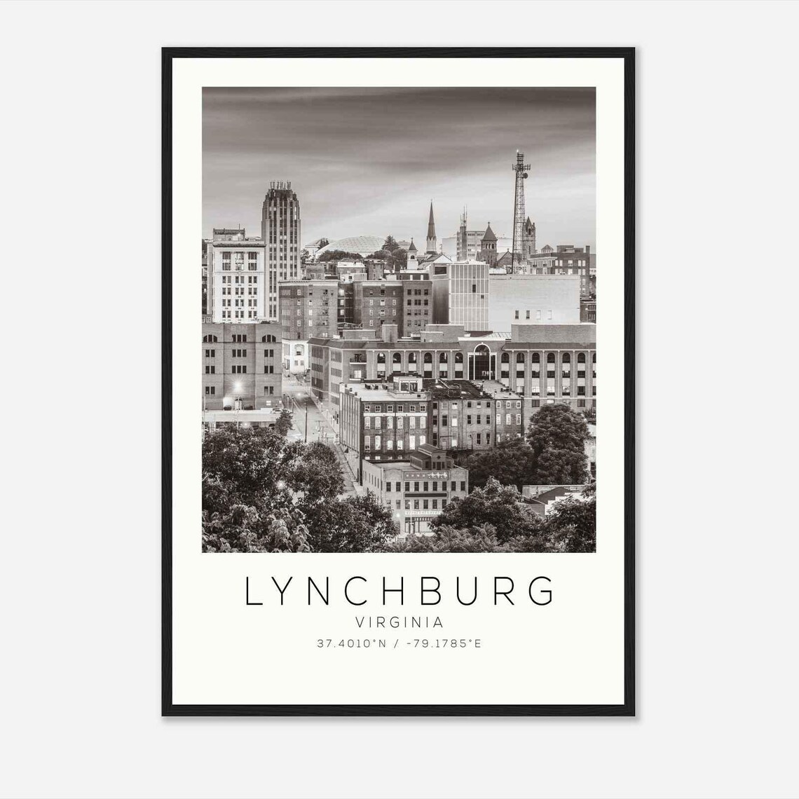 Lynchburg Virginia Downtown Skyline Dusk Black And White Poster
