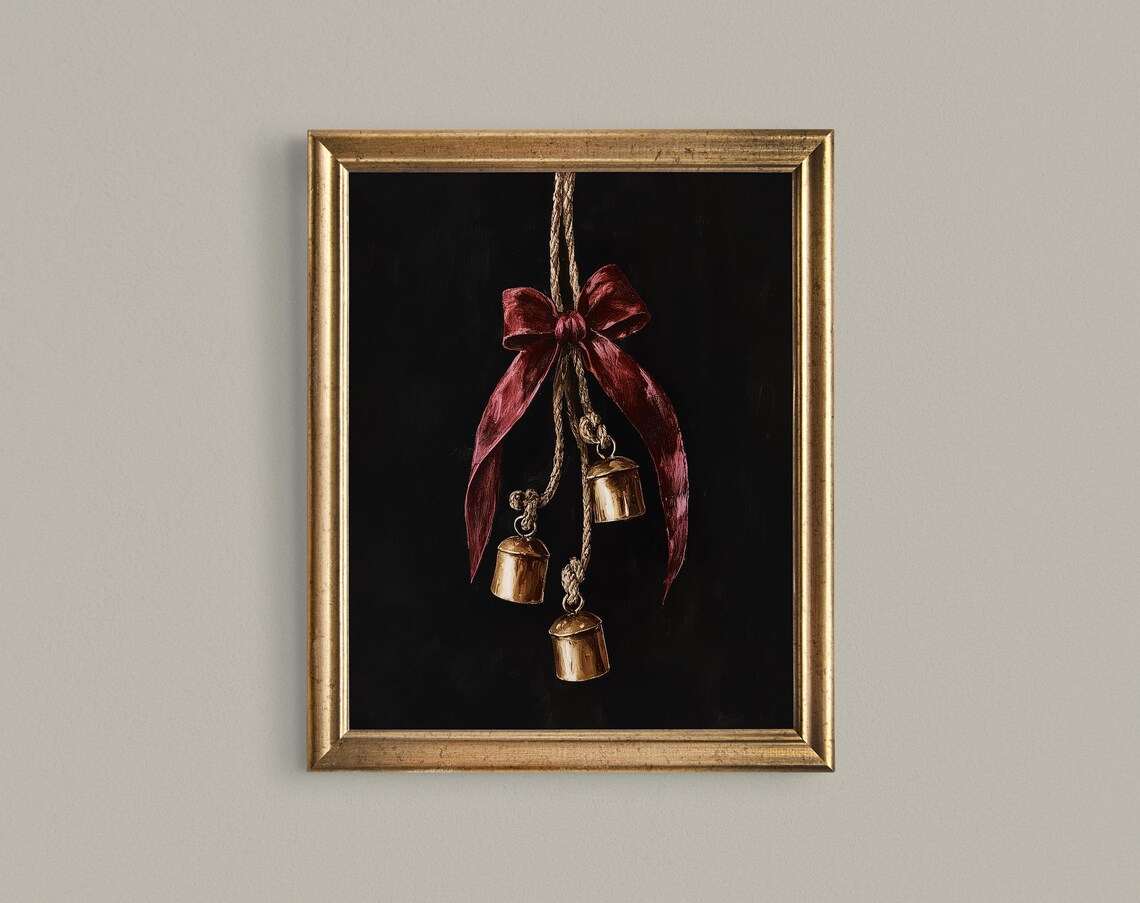 Brass Christmas Bells Burgundy Bow Moody Black Holiday Poster