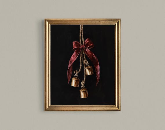 Moody Vintage Bells With Burgundy Bow Dark Classy Christmas Art Holiday Art