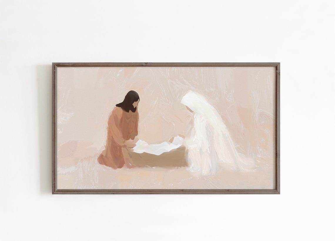 Abstract Nativity Painting Mary Joseph Baby Jesus Neutral Art Poster - Image 2