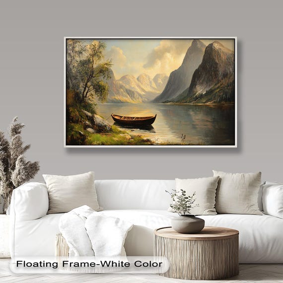 Golden Lake Boat Landscape, Rustic Mountain Scene