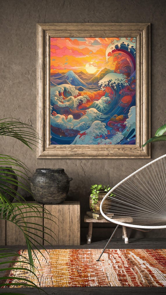 Colorful Great Wave Crashing Toward Mount Fuji Sunset Art Poster