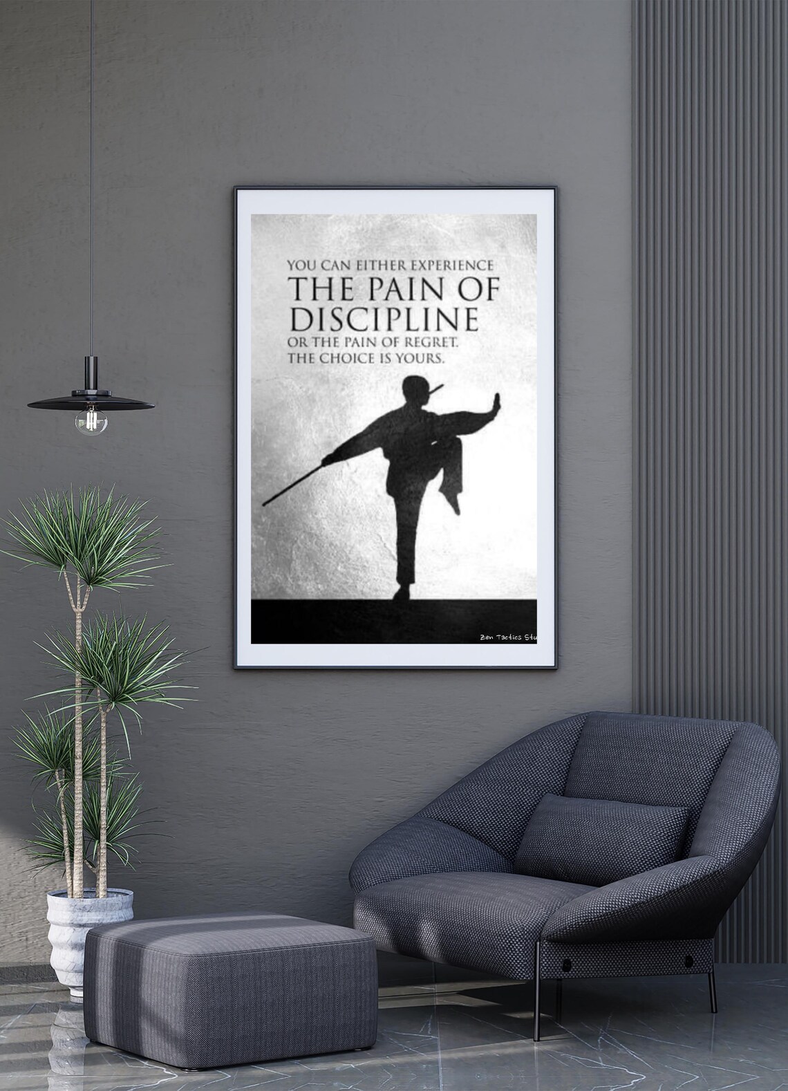 Kung Fu Silhouette Pain of Discipline Over Regret Quote Poster