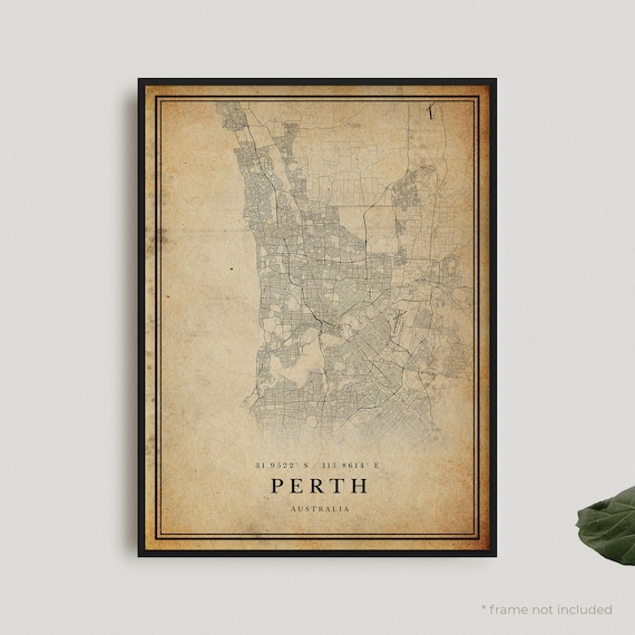 Vintage Perth Australia Sepia City Map Antique Style Travel Wall Decor Poster