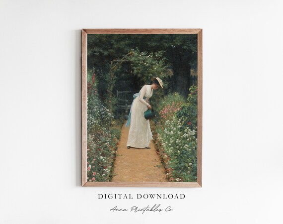 Woman in White Watering Blooming Flowers in a Sunny Garden Poster