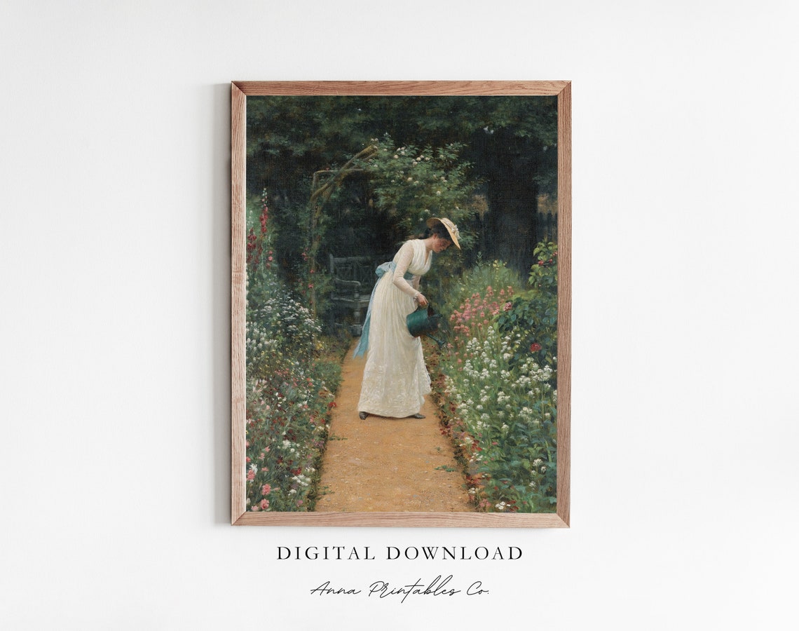 Woman in White Watering Blooming Flowers in a Sunny Garden Poster