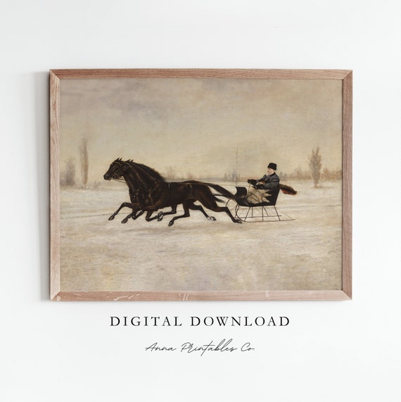 Antique Winter Sleigh Painting, Vintage Christmas Art Print