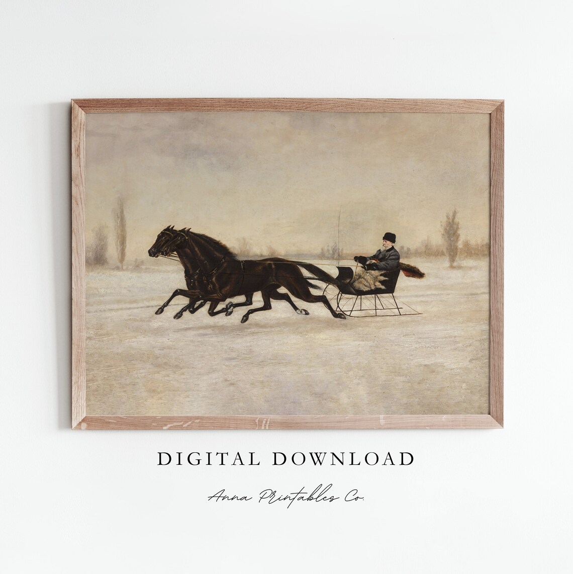Antique Winter Sleigh Painting, Vintage Christmas Art Print