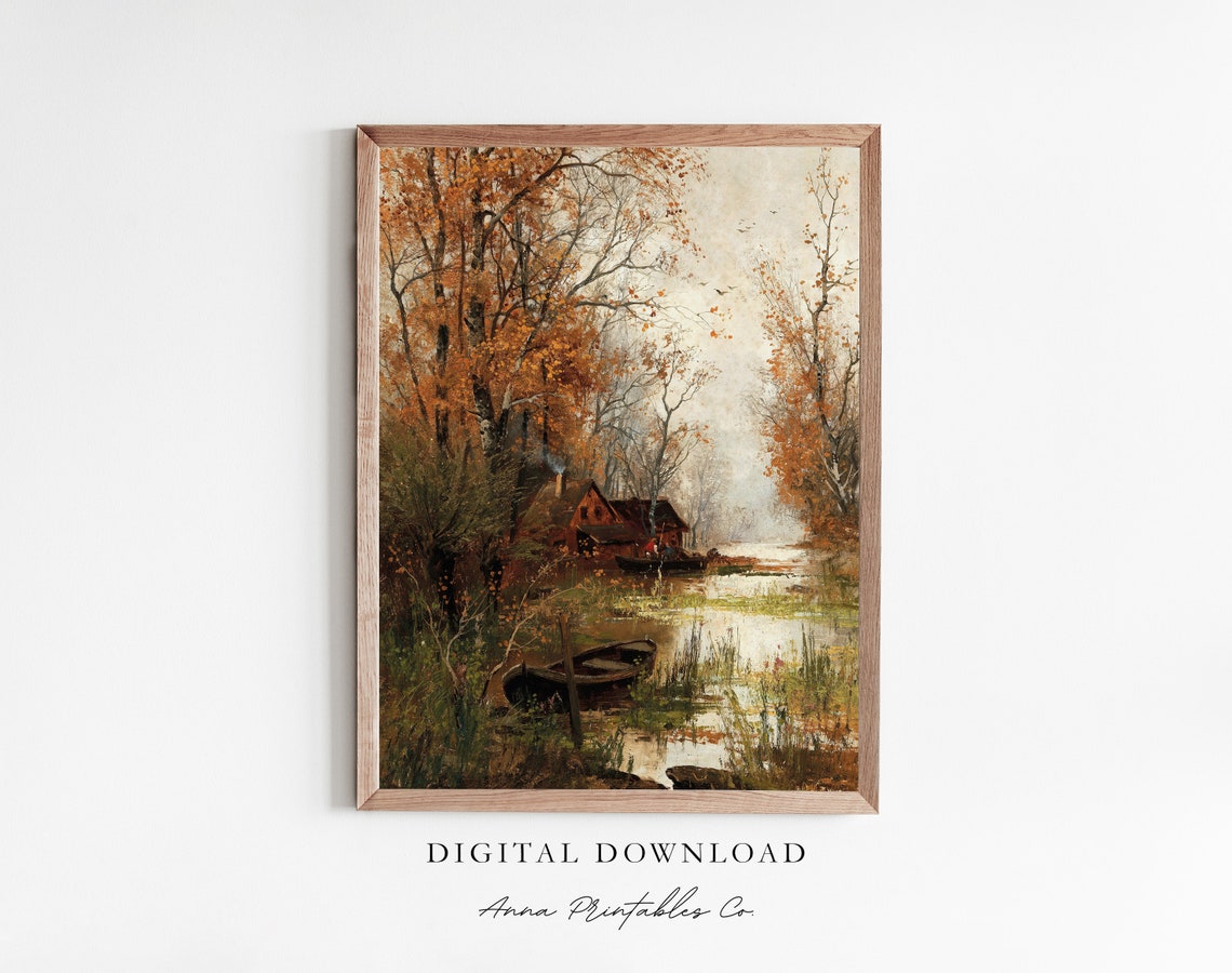 Autumn Cabin By The Water Antique Fall Landscape Painting Boats Poster