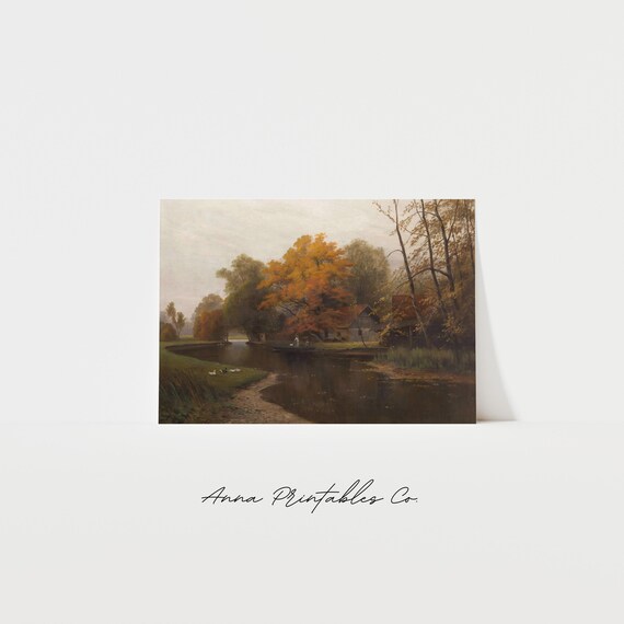 Autumn Pond With Cabin Golden Fall Trees Rustic Landscape Painting Poster