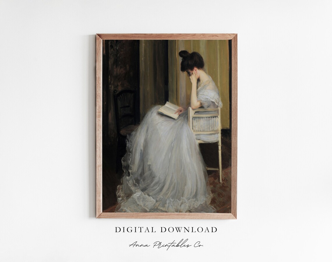 Woman Reading Vintage Art Print, Bookish Victorian Scene