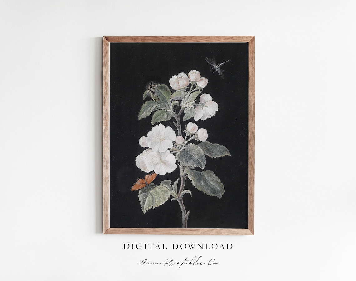 Flowering Branch Vintage Botanical Art Print, Dark Cottagecore