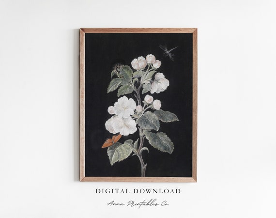 Flowering Branch Vintage Botanical Art Print, Dark Cottagecore