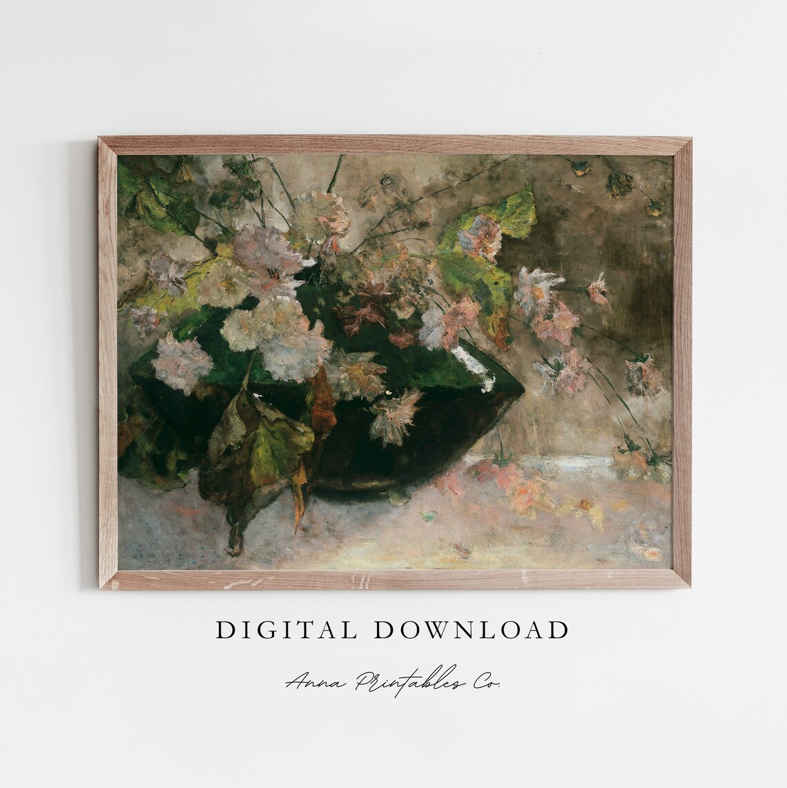 Peonies In A Green Vase, Vintage Farmhouse Art Print